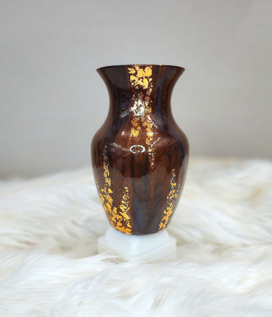 (Navy, Copper and Dark Purple with Gold Flake) Acrylic Fluid Art Vase 4"w × 8"h