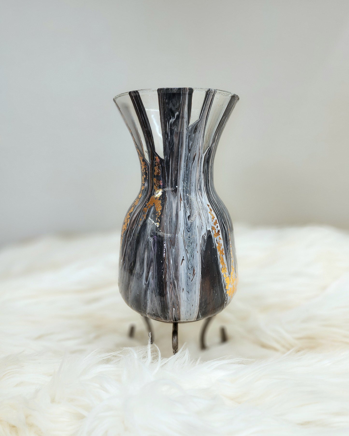 (Copper, Gray, and White with Gold Flake) Acrylic Fluid Art Vase 5.5"w x 8.5"h