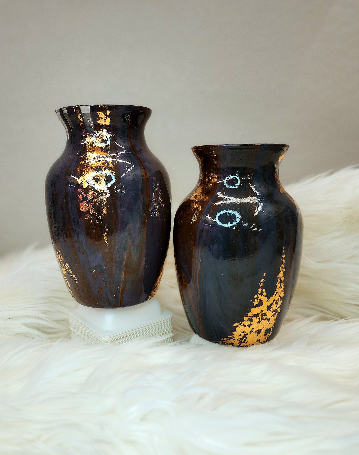 (Navy, Copper, and Dark Purple with Gold Flake) Acrylic Fluid Art Vase 5"w × 7"h