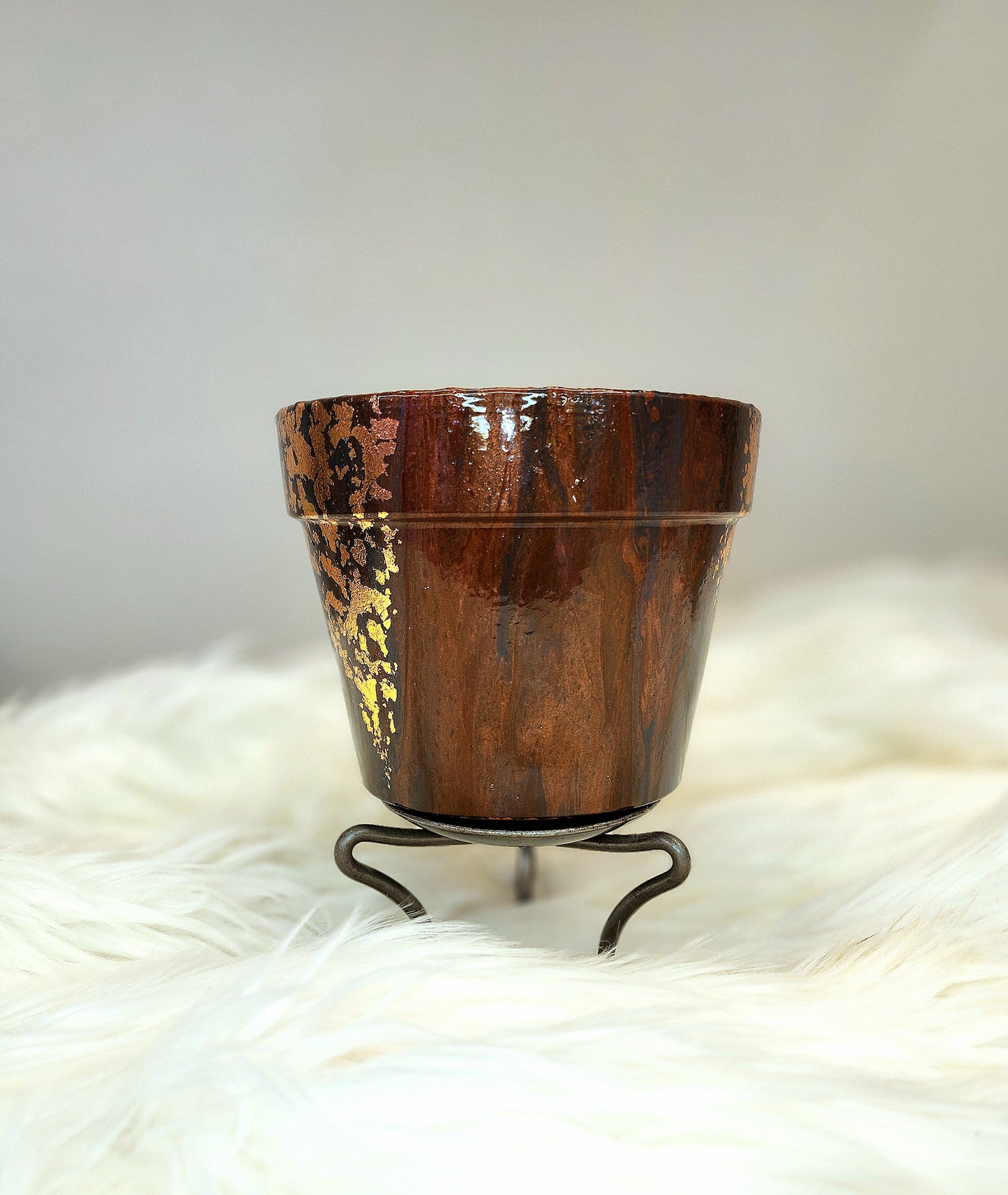 (Navy, Copper, and dark purple with Gold Flake) Acrylic Fluid Art Pot 6.5"w × 5"h