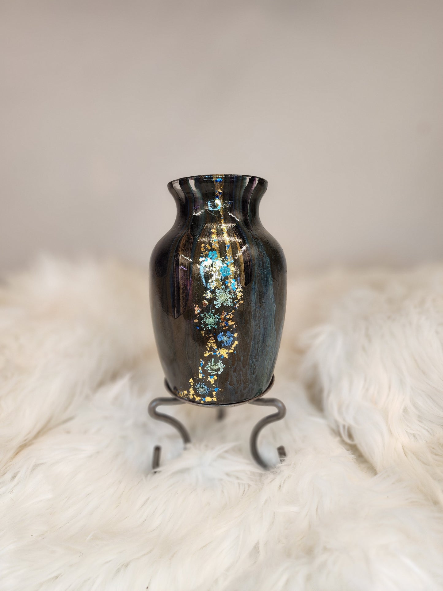 (Blue, Black, Brown, with Gold flake and real dried flowers) Acrylic Fluid Art Vase 5"W x 7"H