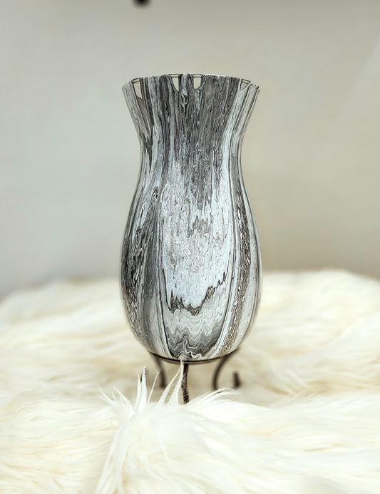(White, Black, and Gray) Acrylic Fluid Art Vase 6.5"w x 10.5"h