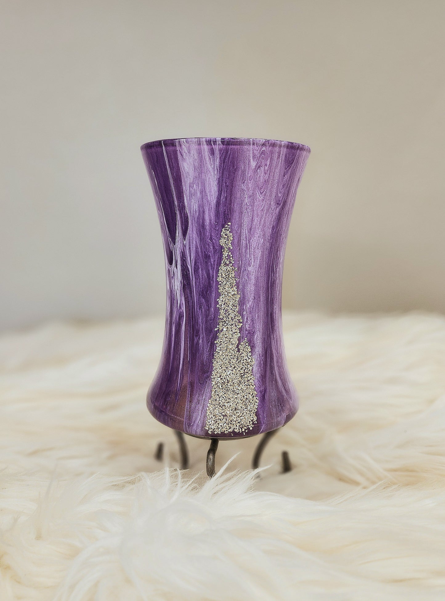 (Purple and White with Sparkle Accents) Acrylic Fluid Art Vase 5"w x 8"h