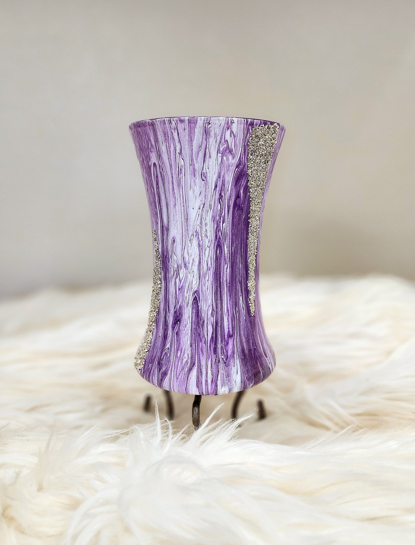 (Purple and White with Sparkle Accents) Acrylic Fluid Art Vase 5"w x 8"h