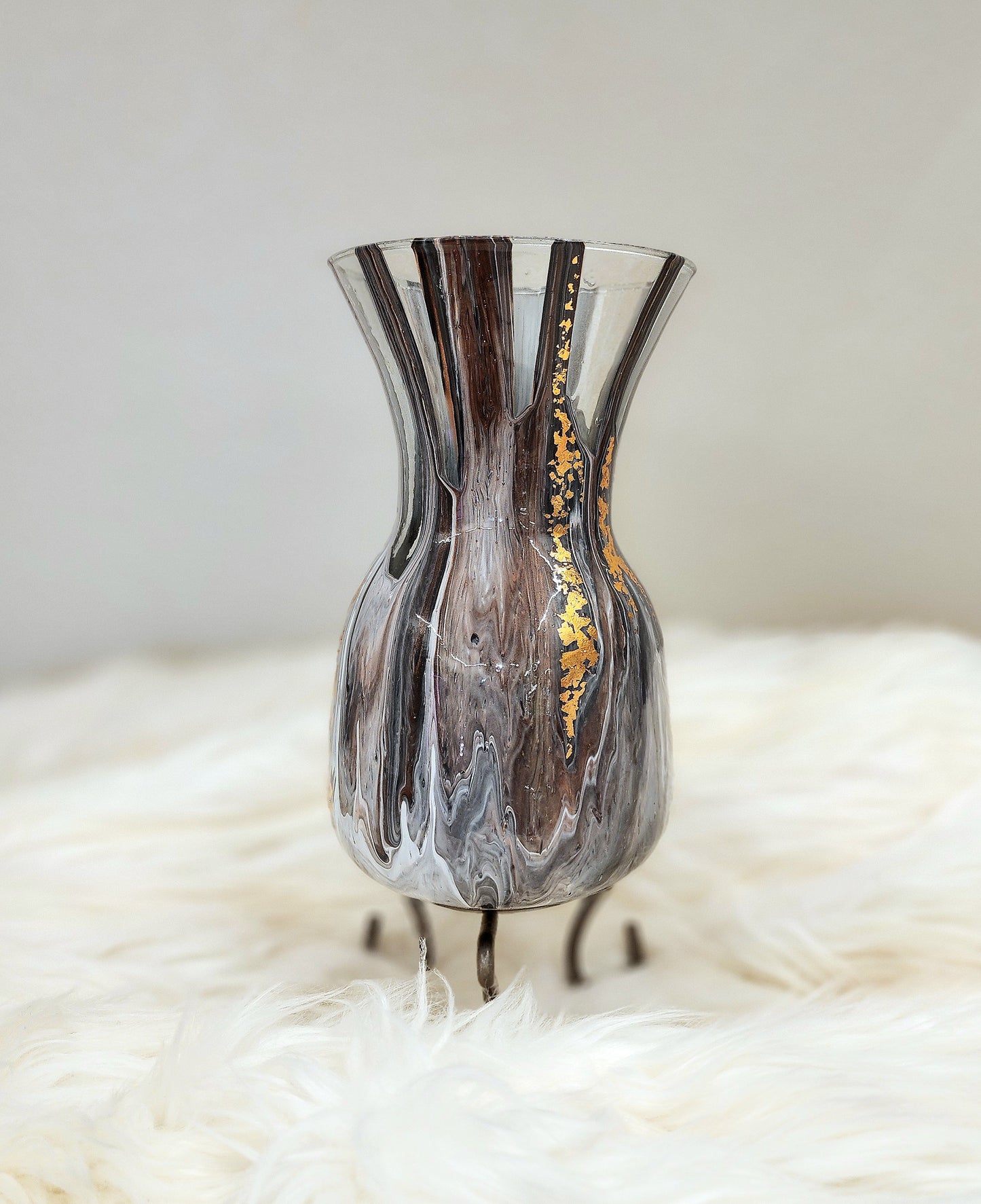 (Copper, Gray, and White with Gold Flake) Acrylic Fluid Art Vase 5.5"w x 8.5"h